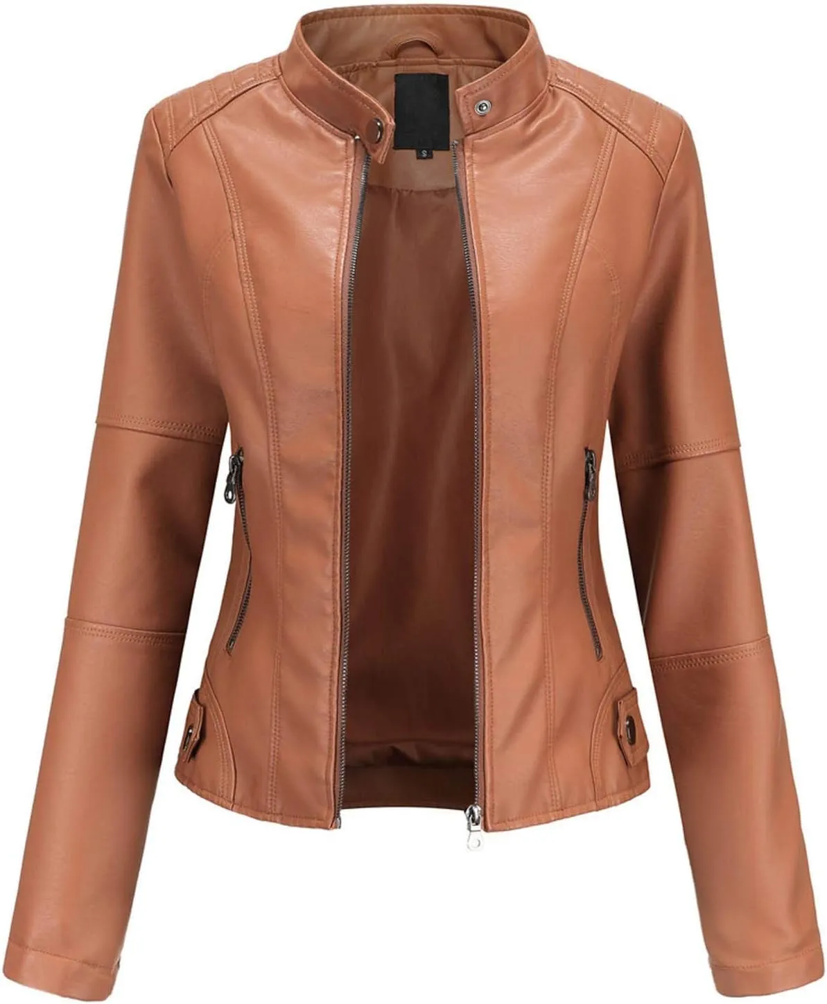 Faux Leather Jackets Women Full Zip Long Sleeve Solid Moto Jacket Trendy Casual Slim Fit Short Coat with Pockets