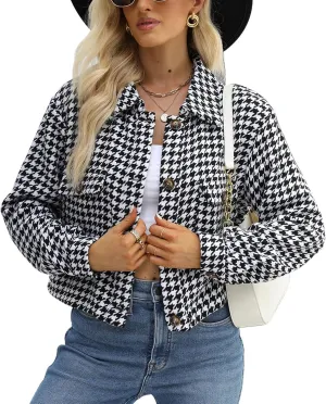 Gihuo Women's Fashion Cropped Shacket Button Down Corduroy Shacket Jackets Casual Plaid Long Sleeve Crop Jackets Tops