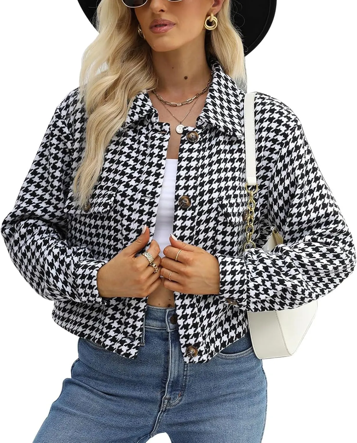 Gihuo Women's Fashion Cropped Shacket Button Down Corduroy Shacket Jackets Casual Plaid Long Sleeve Crop Jackets Tops