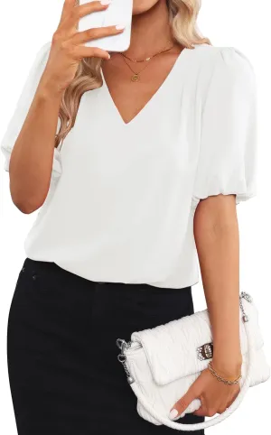 GRAPENT Business Casual Tops for Women Work Blouses Dressy Short Puff Sleeve Office Pleated V Neck Trendy Summer Blouse