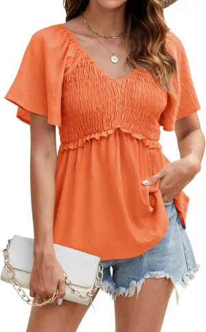 HEYTALALA Women's Summer Peplum Tops Ruffle Trim Short Sleeve Casual V Neck Smocked Blouses Dressy Shirt