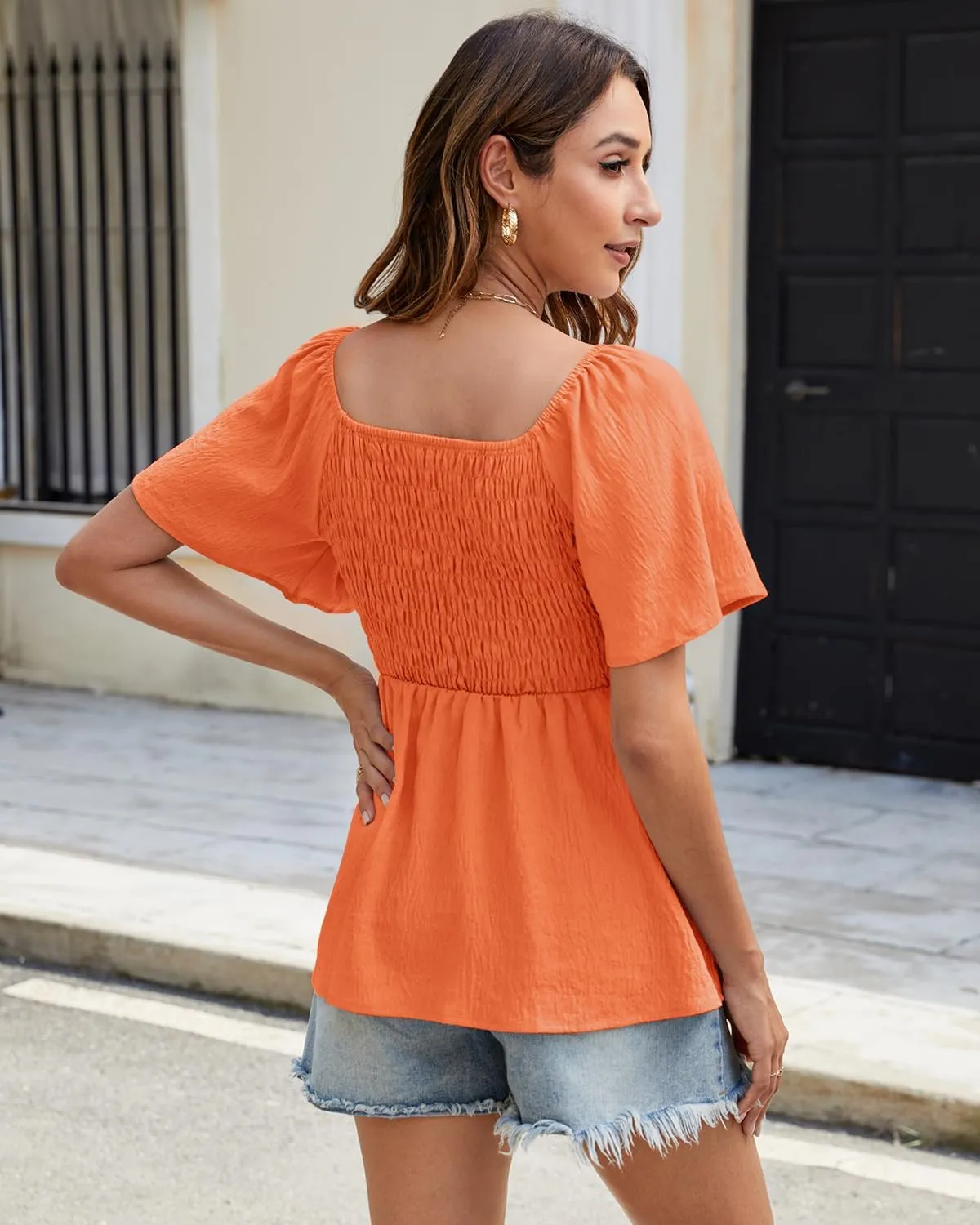 HEYTALALA Women's Summer Peplum Tops Ruffle Trim Short Sleeve Casual V Neck Smocked Blouses Dressy Shirt