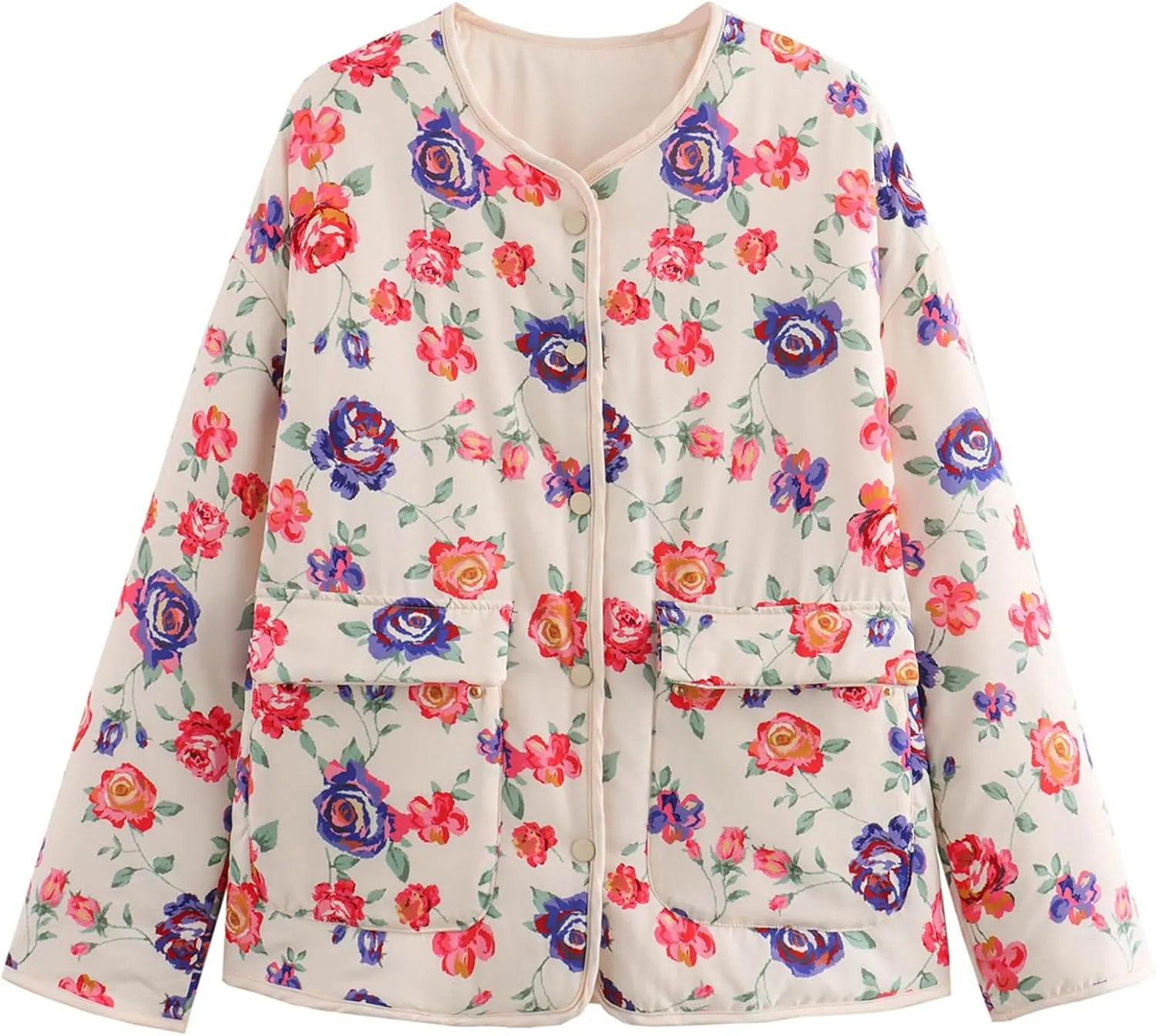 HOTIAN Floral Printed Puff Jackets for Women Lightweight Cropped Padded Puffer Jacket Cardigan Quilted Winter Coats