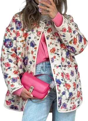HOTIAN Floral Printed Puff Jackets for Women Lightweight Cropped Padded Puffer Jacket Cardigan Quilted Winter Coats