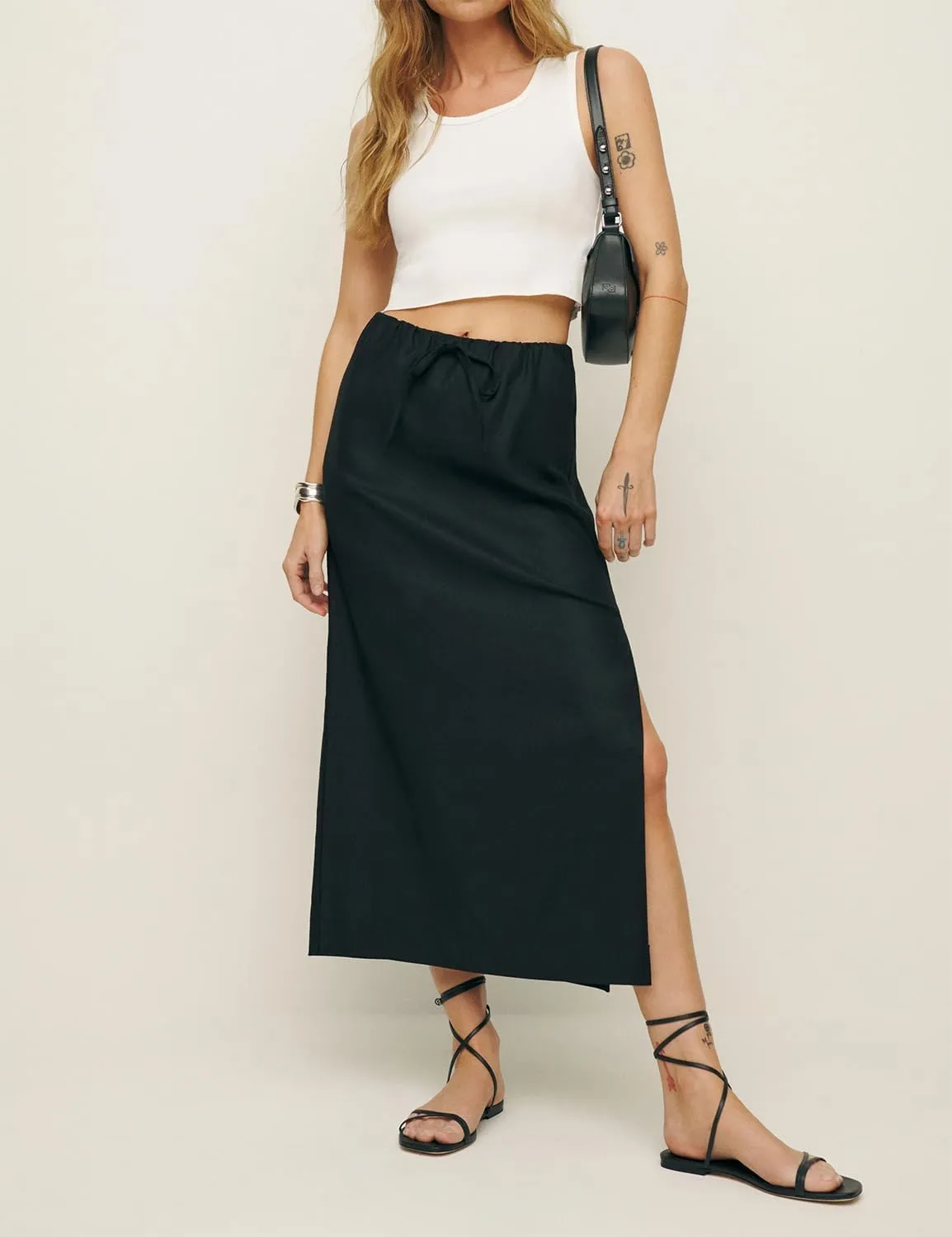 IDEALSANXUN Womens Cotton Linen Skirts Trendy Elastic Waist Drawstring Long Skirts with Slit