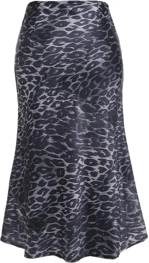 Leopard Skirts for Women Midi Long Length High Waist Cheetah Skirts Satin Silk Elastic Skirts