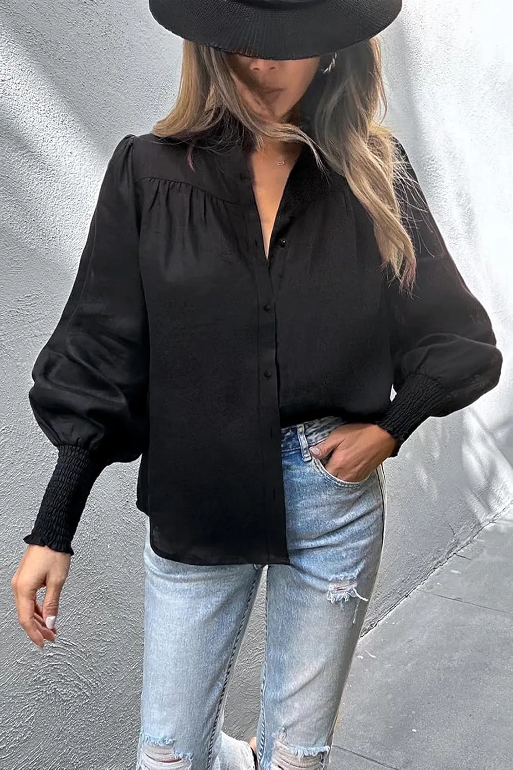 Lesore Womens Casual Button Down Crewneck Puff Long Sleeve Smocked Cuffs Shirt Blouses Tops