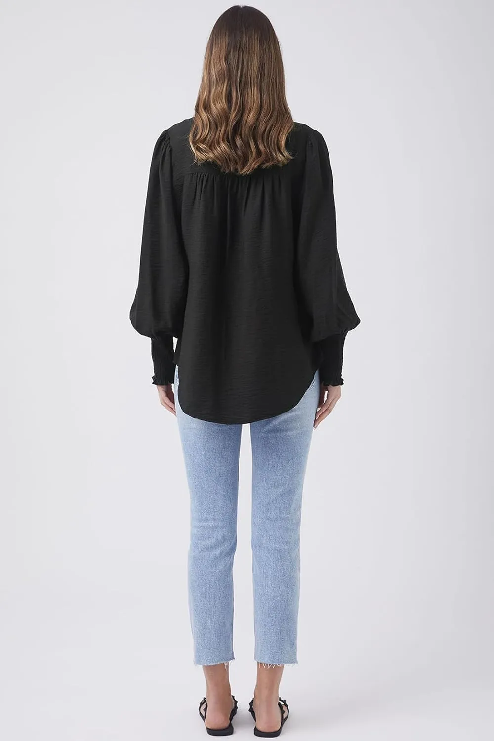 Lesore Womens Casual Button Down Crewneck Puff Long Sleeve Smocked Cuffs Shirt Blouses Tops