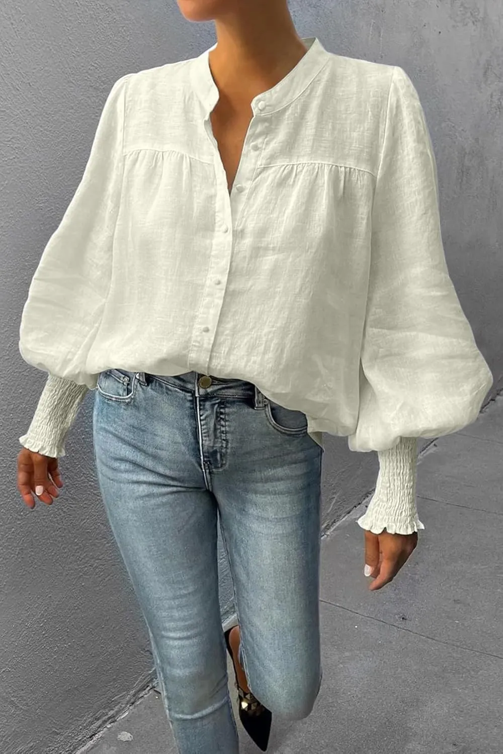 Lesore Womens Casual Button Down Crewneck Puff Long Sleeve Smocked Cuffs Shirt Blouses Tops