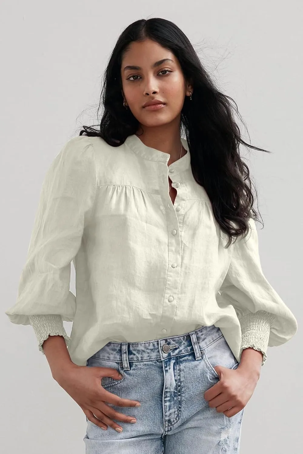 Lesore Womens Casual Button Down Crewneck Puff Long Sleeve Smocked Cuffs Shirt Blouses Tops