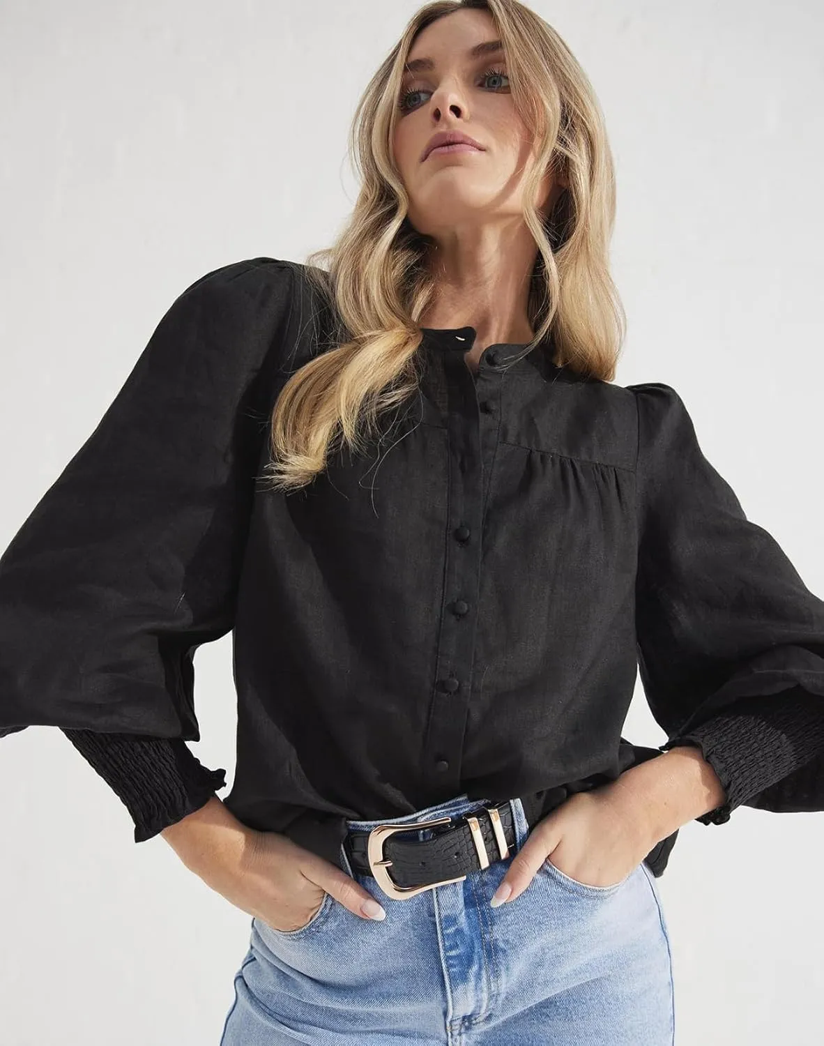 Lesore Womens Casual Button Down Crewneck Puff Long Sleeve Smocked Cuffs Shirt Blouses Tops
