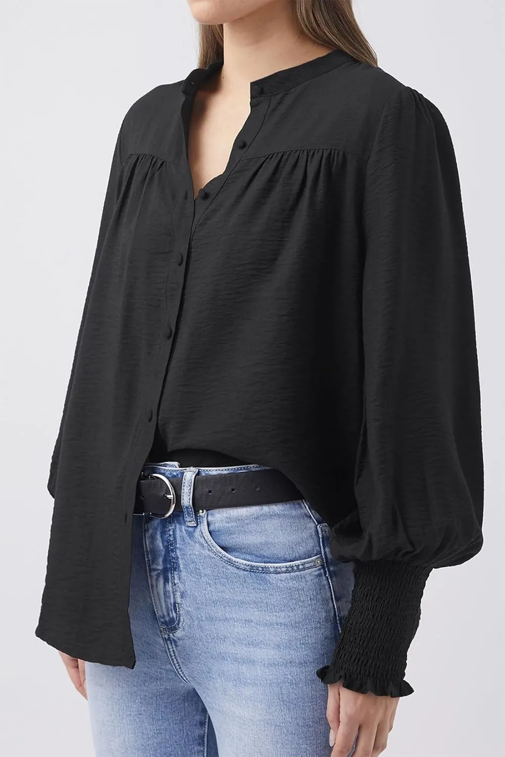 Lesore Womens Casual Button Down Crewneck Puff Long Sleeve Smocked Cuffs Shirt Blouses Tops