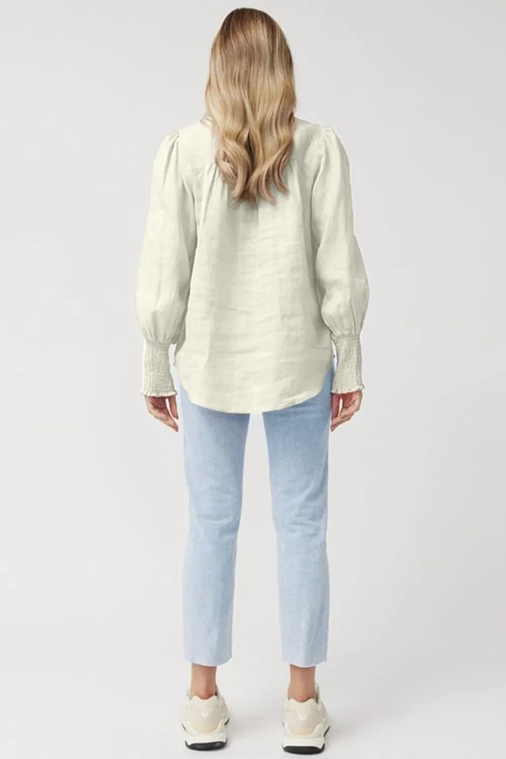 Lesore Womens Casual Button Down Crewneck Puff Long Sleeve Smocked Cuffs Shirt Blouses Tops