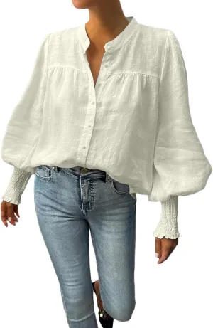 Lesore Womens Casual Button Down Crewneck Puff Long Sleeve Smocked Cuffs Shirt Blouses Tops