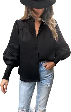 Lesore Womens Casual Button Down Crewneck Puff Long Sleeve Smocked Cuffs Shirt Blouses Tops
