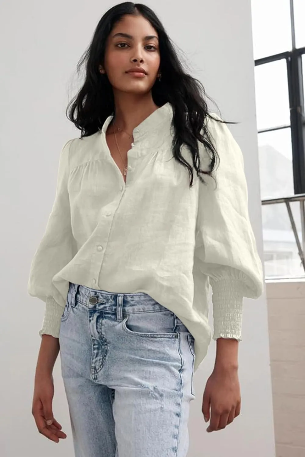 Lesore Womens Casual Button Down Crewneck Puff Long Sleeve Smocked Cuffs Shirt Blouses Tops
