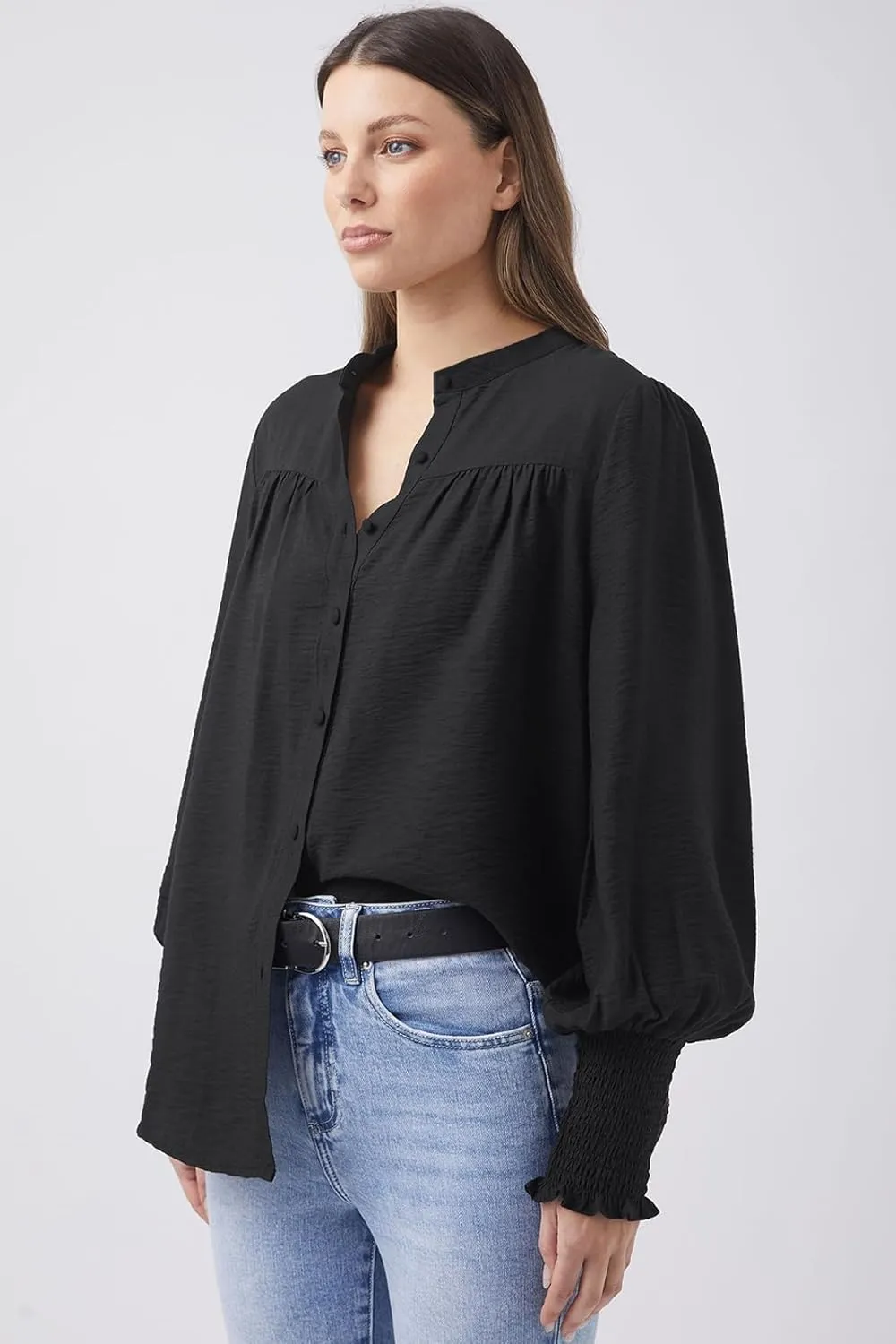 Lesore Womens Casual Button Down Crewneck Puff Long Sleeve Smocked Cuffs Shirt Blouses Tops