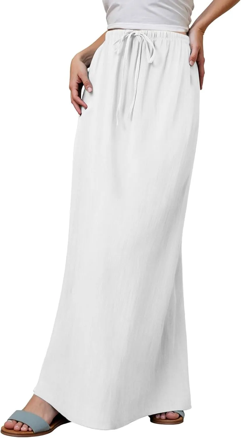 Linen Maxi Skirts for Women Trendy Summer Flared Drawstring Low Waist A Line Skirts Casual Ankle-Length Flowy Long Skirts