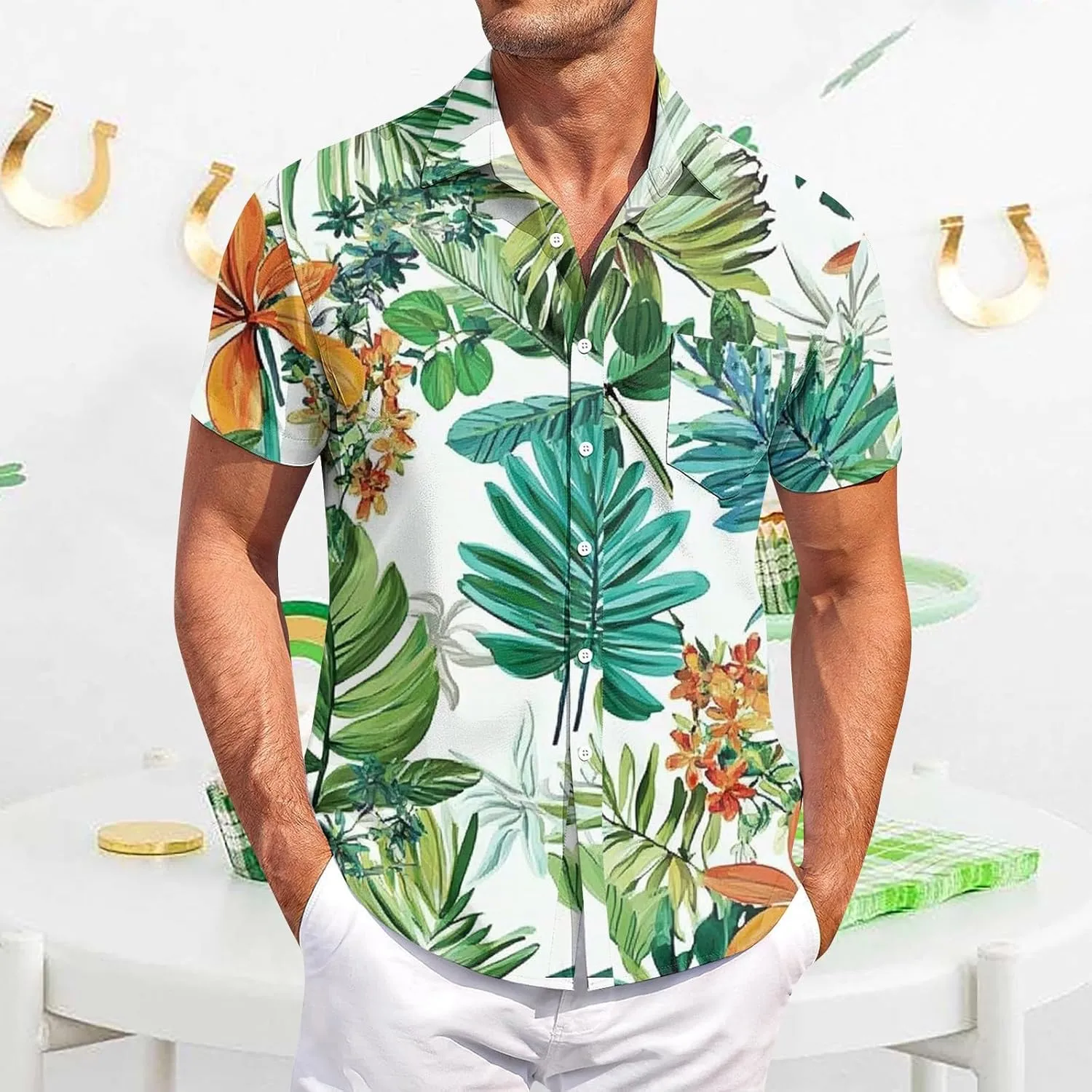 Mens Hawaiian Shirt Short Sleeve Button Down Shirts Palm Tree Floral Printed Casual Slim Fit Tops with Pocket