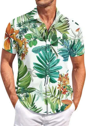 Mens Hawaiian Shirt Short Sleeve Button Down Shirts Palm Tree Floral Printed Casual Slim Fit Tops with Pocket