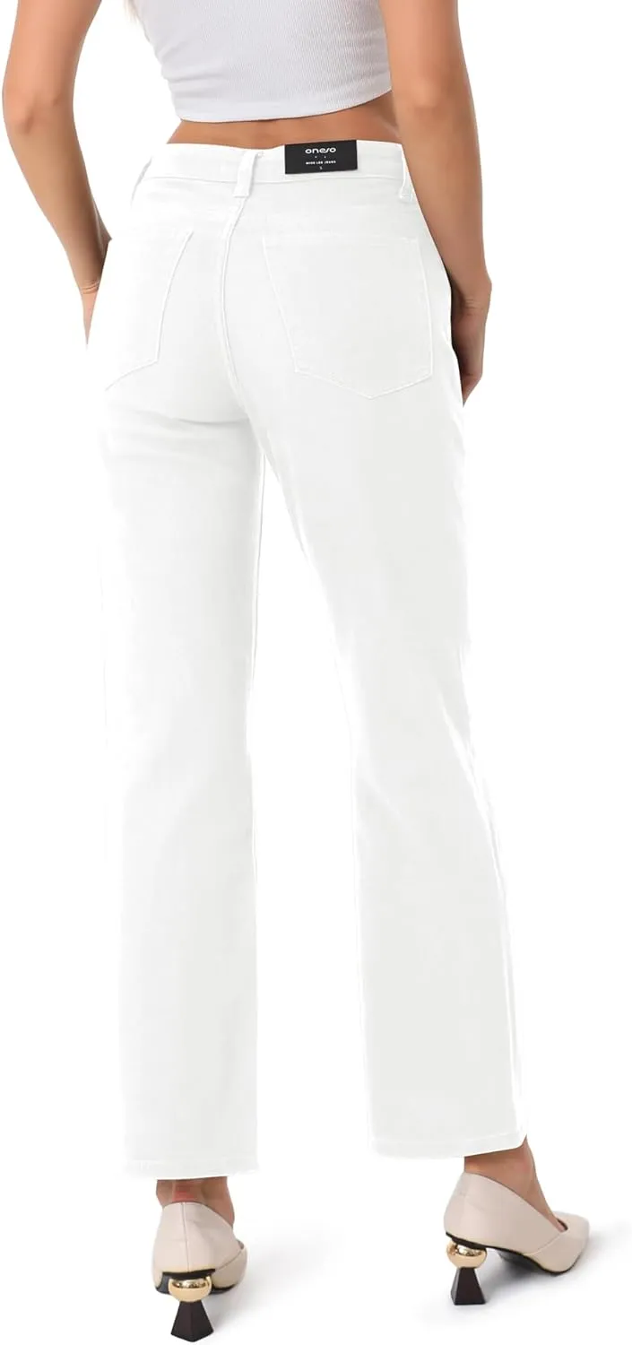 ONESO Women's Straight Leg Jeans Mid Waist Loose Stretchy Lightweight Trendy Jeans for Women Denim Pants