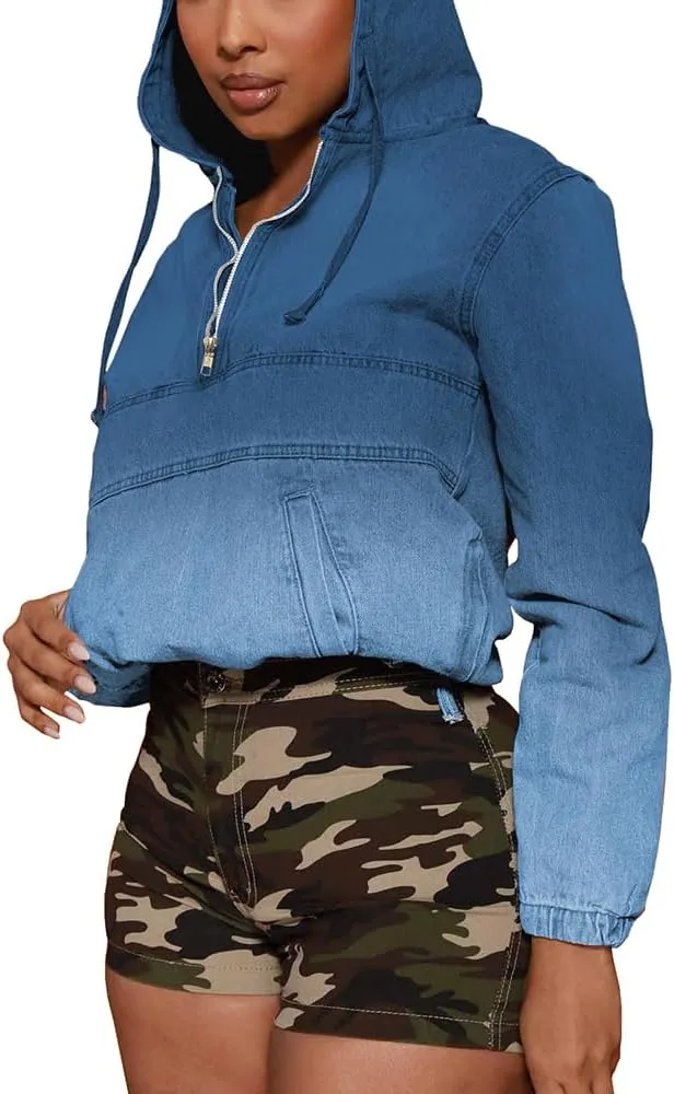 PINSV Women's Half Zip Sweatshirt Denim Hoodie Pullover Jacket Jean Tops