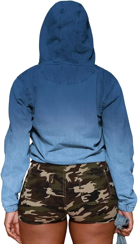 PINSV Women's Half Zip Sweatshirt Denim Hoodie Pullover Jacket Jean Tops