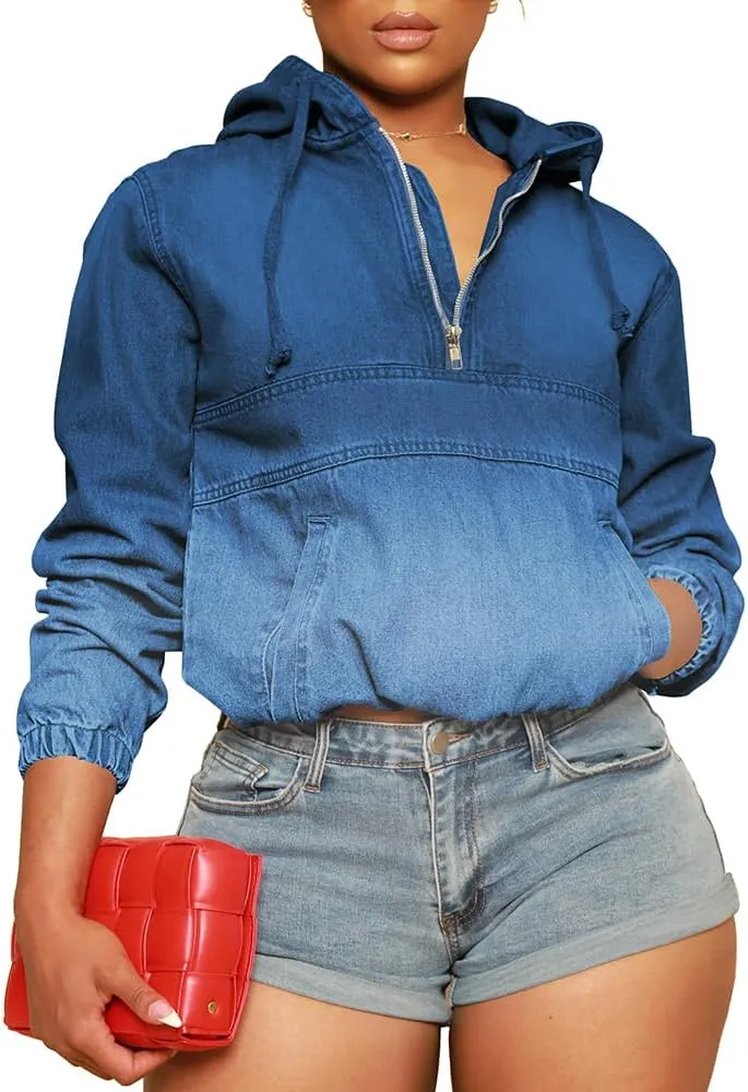 PINSV Women's Half Zip Sweatshirt Denim Hoodie Pullover Jacket Jean Tops