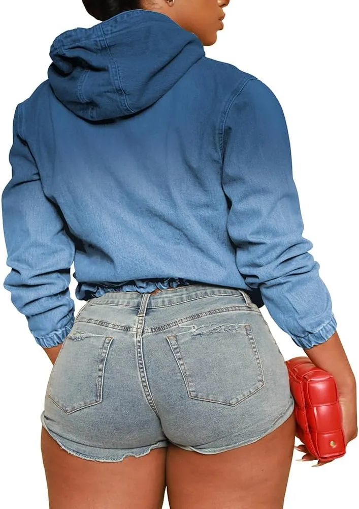 PINSV Women's Half Zip Sweatshirt Denim Hoodie Pullover Jacket Jean Tops
