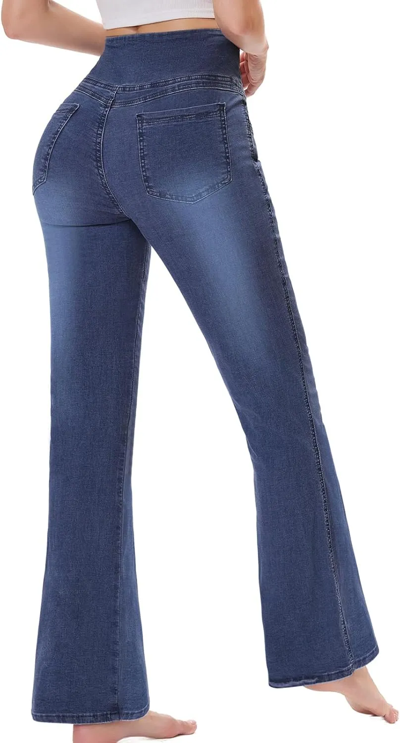 Pull on Flare Jeans for Women, Trendy Stretchy High Waisted Bell Bottom Skinny Boot Cut Jeans Legging for Women