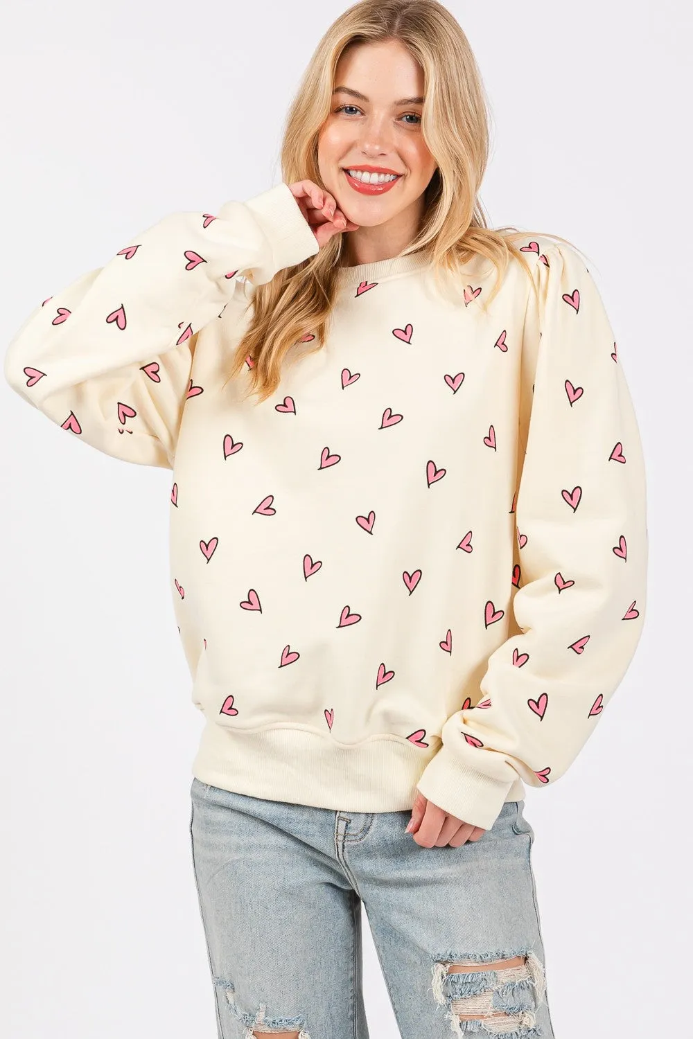 SAGE   FIG Heart Printed Contrast Long Sleeve Sweatshirt