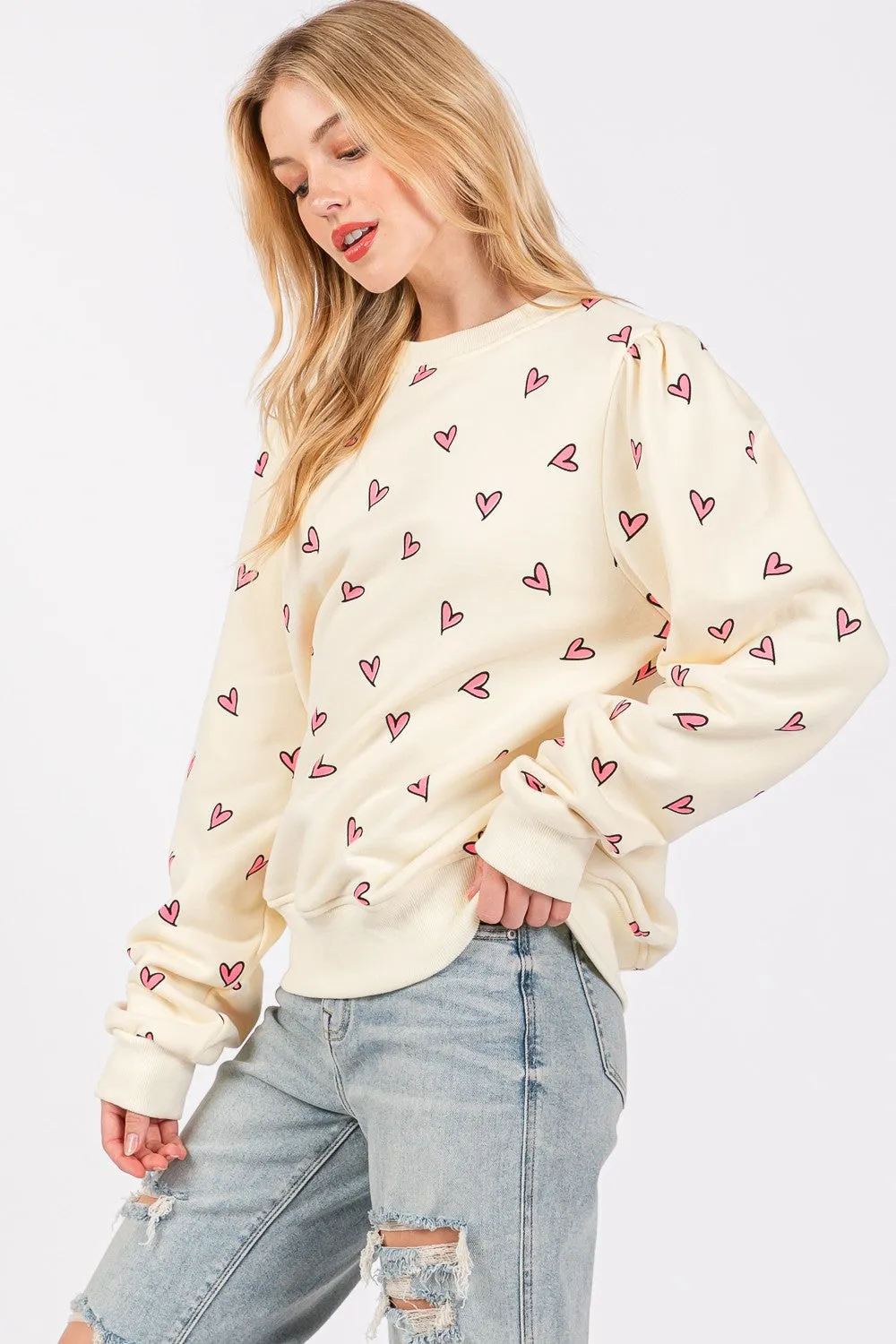 SAGE   FIG Heart Printed Contrast Long Sleeve Sweatshirt