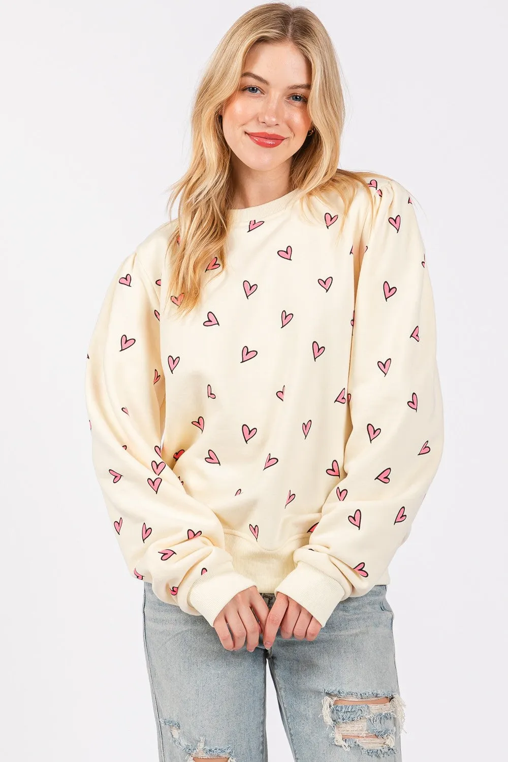 SAGE   FIG Heart Printed Contrast Long Sleeve Sweatshirt