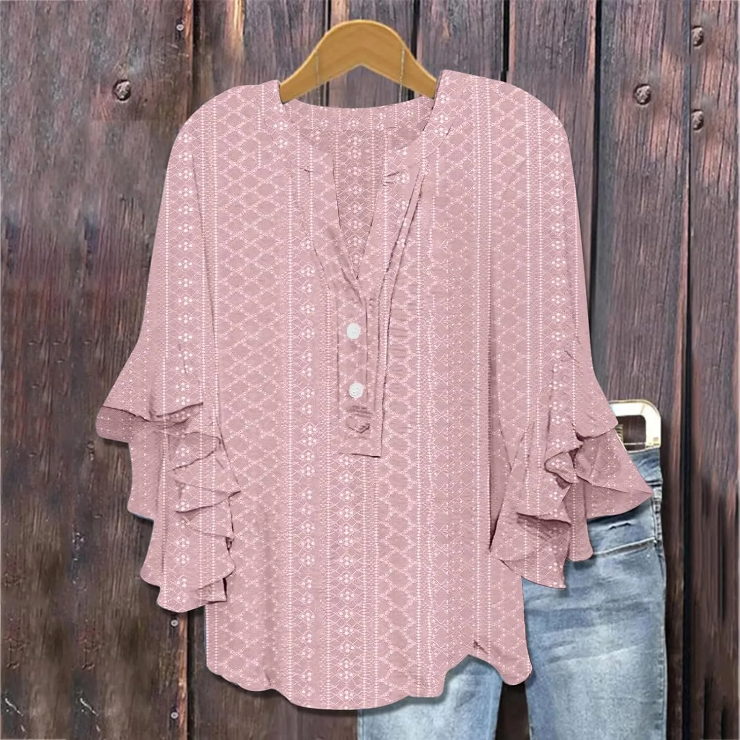 Summer Tops for Women Ruffle 3/4 Sleeve Shirts Boho Button Down Henley Tshirt Loose Floral Print Dressy Tunic Blouse