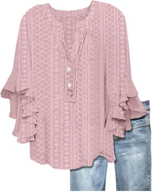 Summer Tops for Women Ruffle 3/4 Sleeve Shirts Boho Button Down Henley Tshirt Loose Floral Print Dressy Tunic Blouse