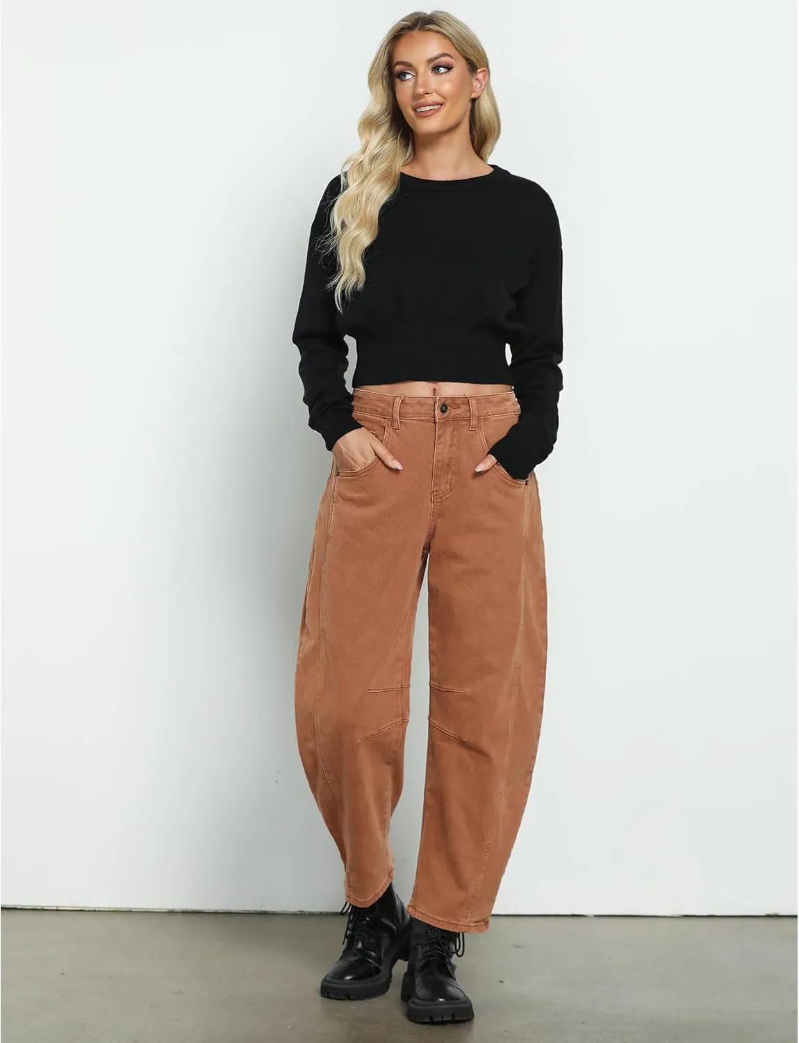 Utyful Barrel Jeans Women Cropped Baggy Trendy High Waisted Distressed Loose Stretch Denim Trouser Jeans with Pockets
