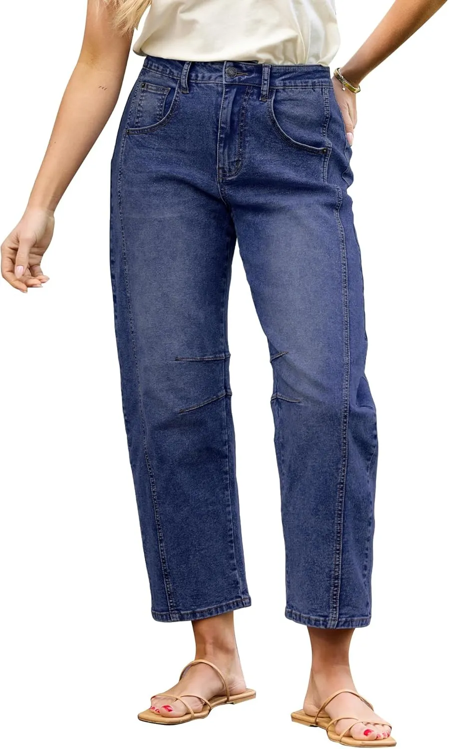 Utyful Barrel Jeans Women Cropped Baggy Trendy High Waisted Distressed Loose Stretch Denim Trouser Jeans with Pockets