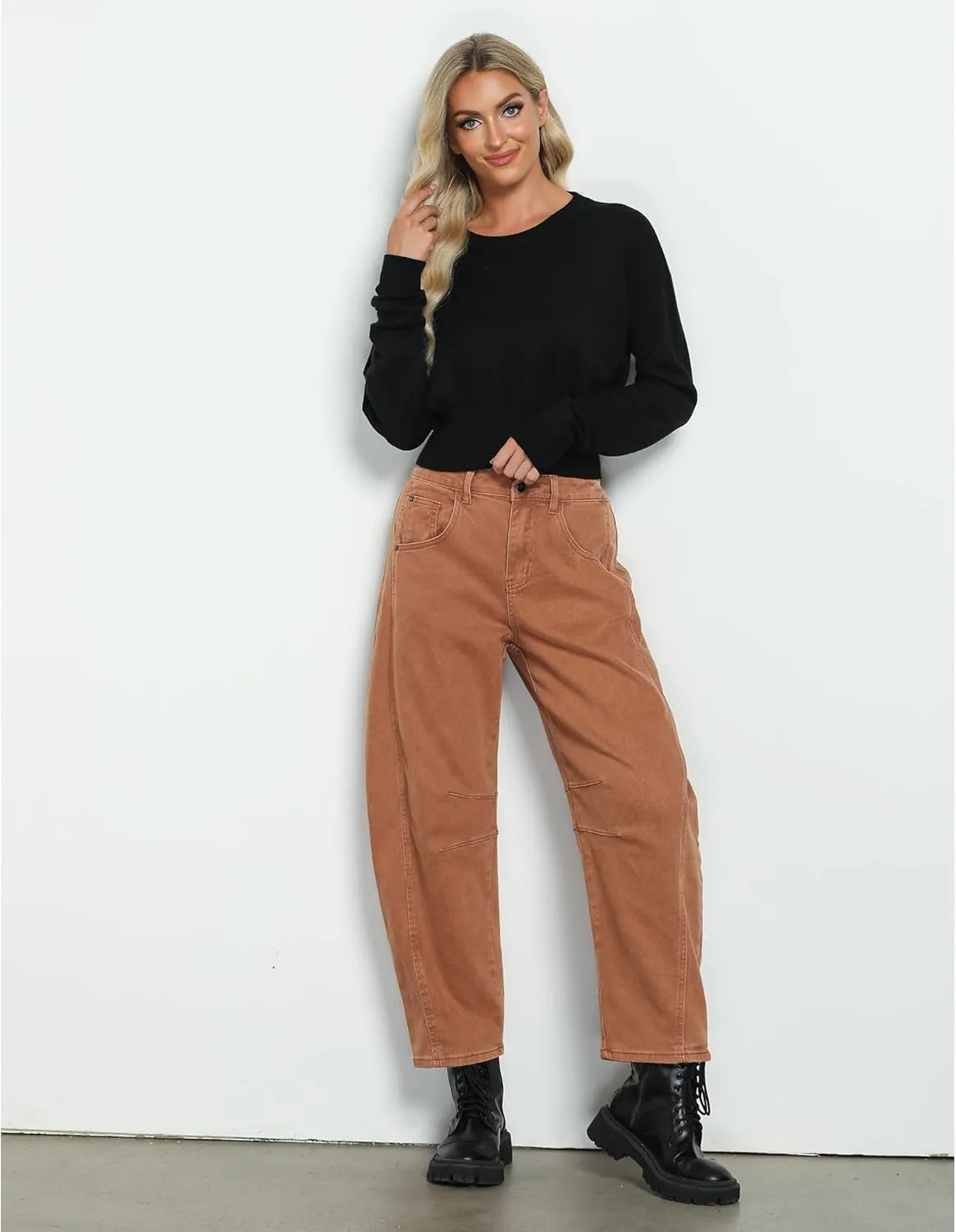 Utyful Barrel Jeans Women Cropped Baggy Trendy High Waisted Distressed Loose Stretch Denim Trouser Jeans with Pockets