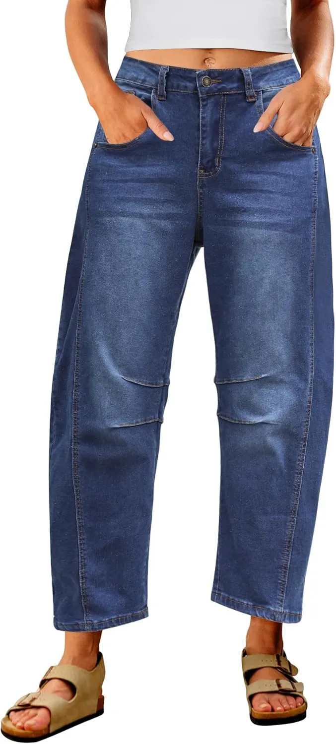 Utyful Barrel Jeans Women Cropped Baggy Trendy High Waisted Distressed Loose Stretch Denim Trouser Jeans with Pockets