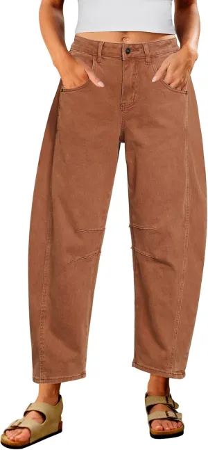 Utyful Barrel Jeans Women Cropped Baggy Trendy High Waisted Distressed Loose Stretch Denim Trouser Jeans with Pockets