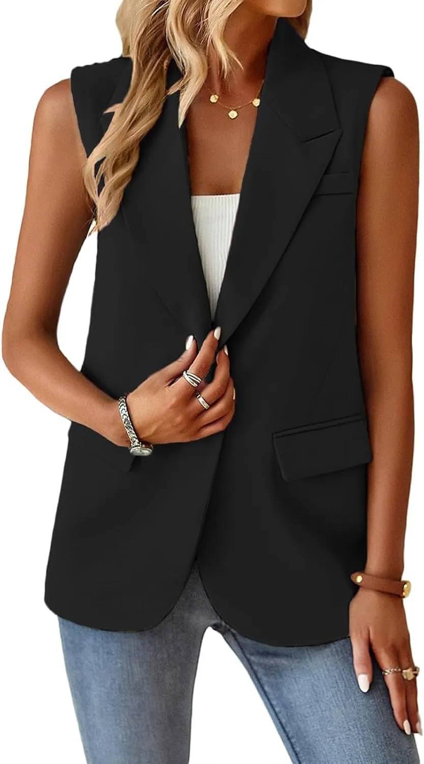 Vest Tops for Women Summer Casual Lapel One Button Sleeveless Blazers Business Loose Suit Jackets Office Work Blazer