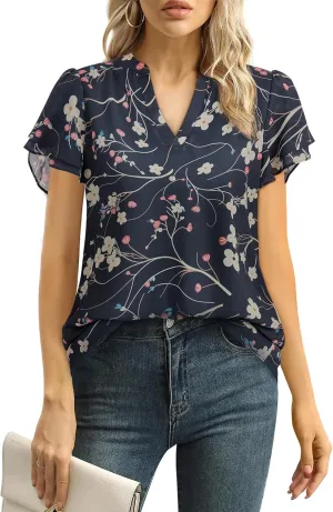 Women Tops Dressy Casual Short Sleeve Blouses Petal Ruffle Shirts V Neck Chiffon Work Business Tunic Double Layer