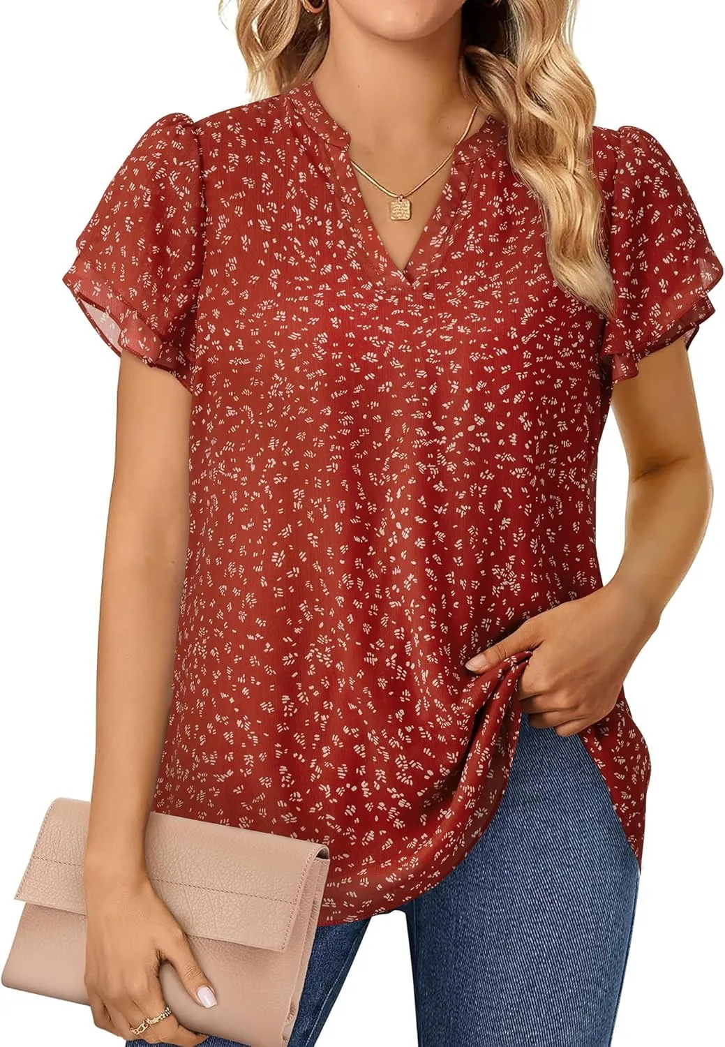 Women Tops Dressy Casual Short Sleeve Blouses Petal Ruffle Shirts V Neck Chiffon Work Business Tunic Double Layer