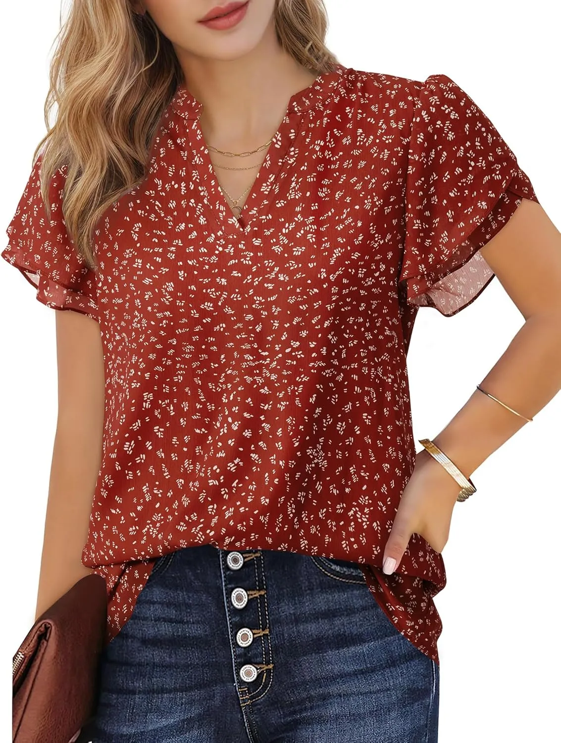 Women Tops Dressy Casual Short Sleeve Blouses Petal Ruffle Shirts V Neck Chiffon Work Business Tunic Double Layer