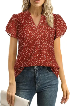 Women Tops Dressy Casual Short Sleeve Blouses Petal Ruffle Shirts V Neck Chiffon Work Business Tunic Double Layer