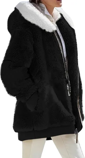 Womens Coats Fuzzy Fleece Cardigan Winter Warm Zip Up Hooded Sherpa Jackets 2024 Fluffy Outerwear with Pocket S-5XL
