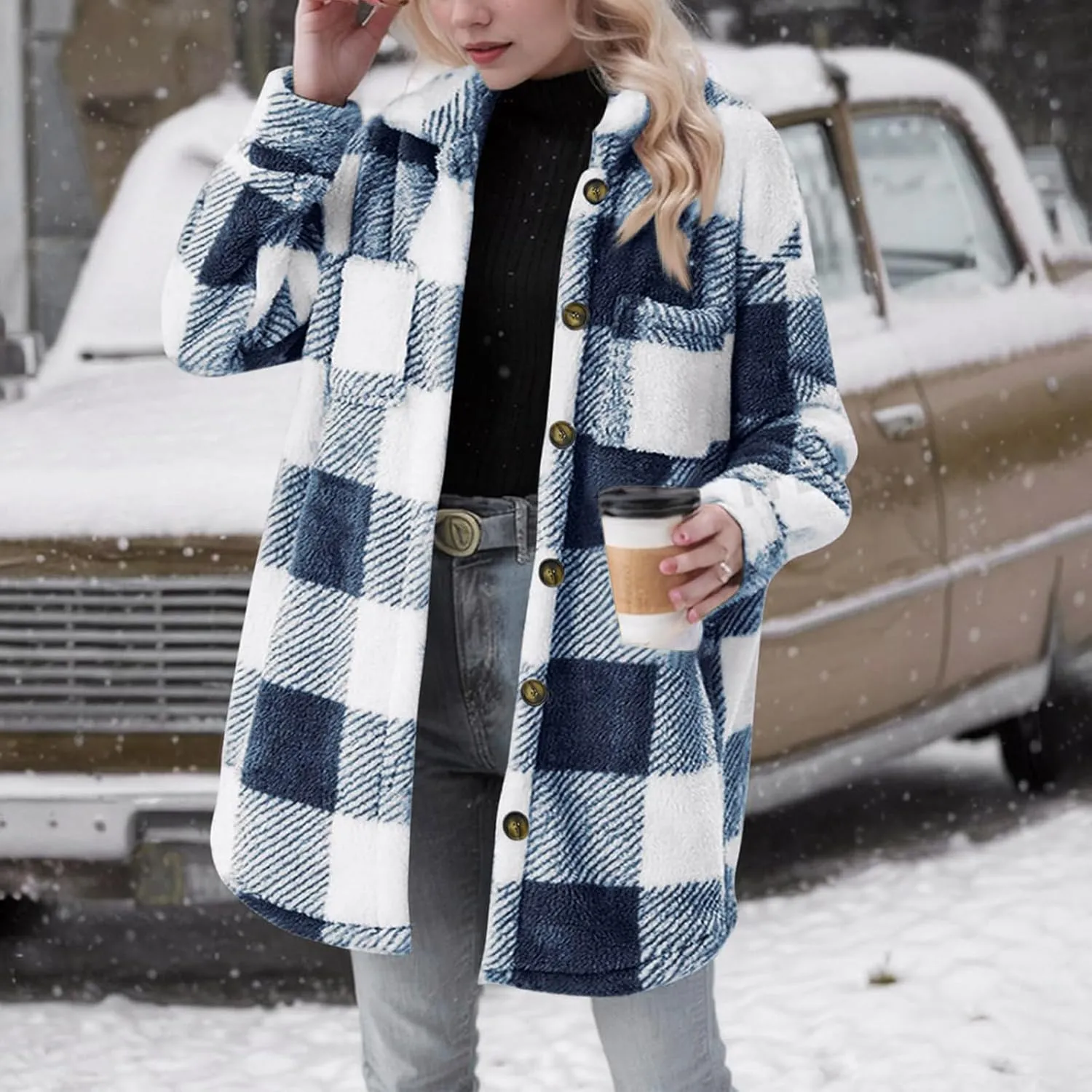 Womens Flannel Shacket Jacket Casual Sherpa Plaid Long Sleeve Shirt Trendy Oversized Coats Fall Clothes Winter Outfit