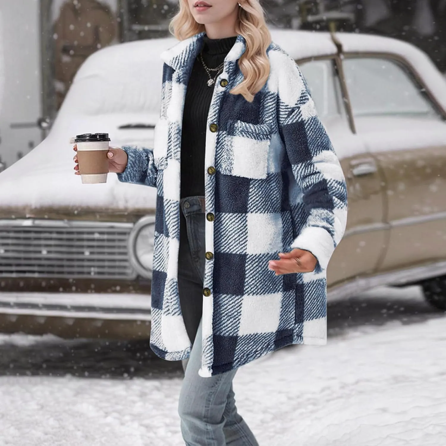 Womens Flannel Shacket Jacket Casual Sherpa Plaid Long Sleeve Shirt Trendy Oversized Coats Fall Clothes Winter Outfit