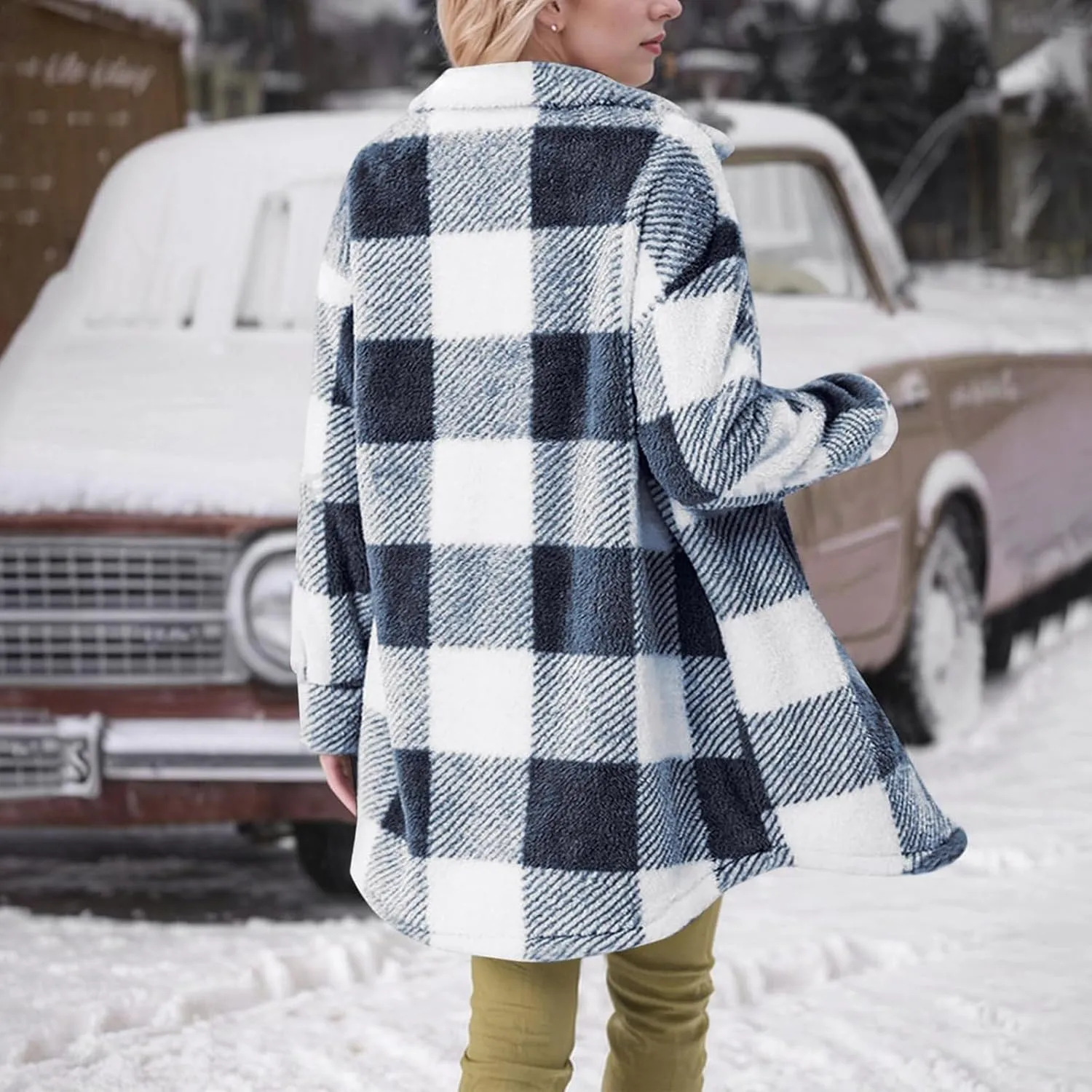 Womens Flannel Shacket Jacket Casual Sherpa Plaid Long Sleeve Shirt Trendy Oversized Coats Fall Clothes Winter Outfit