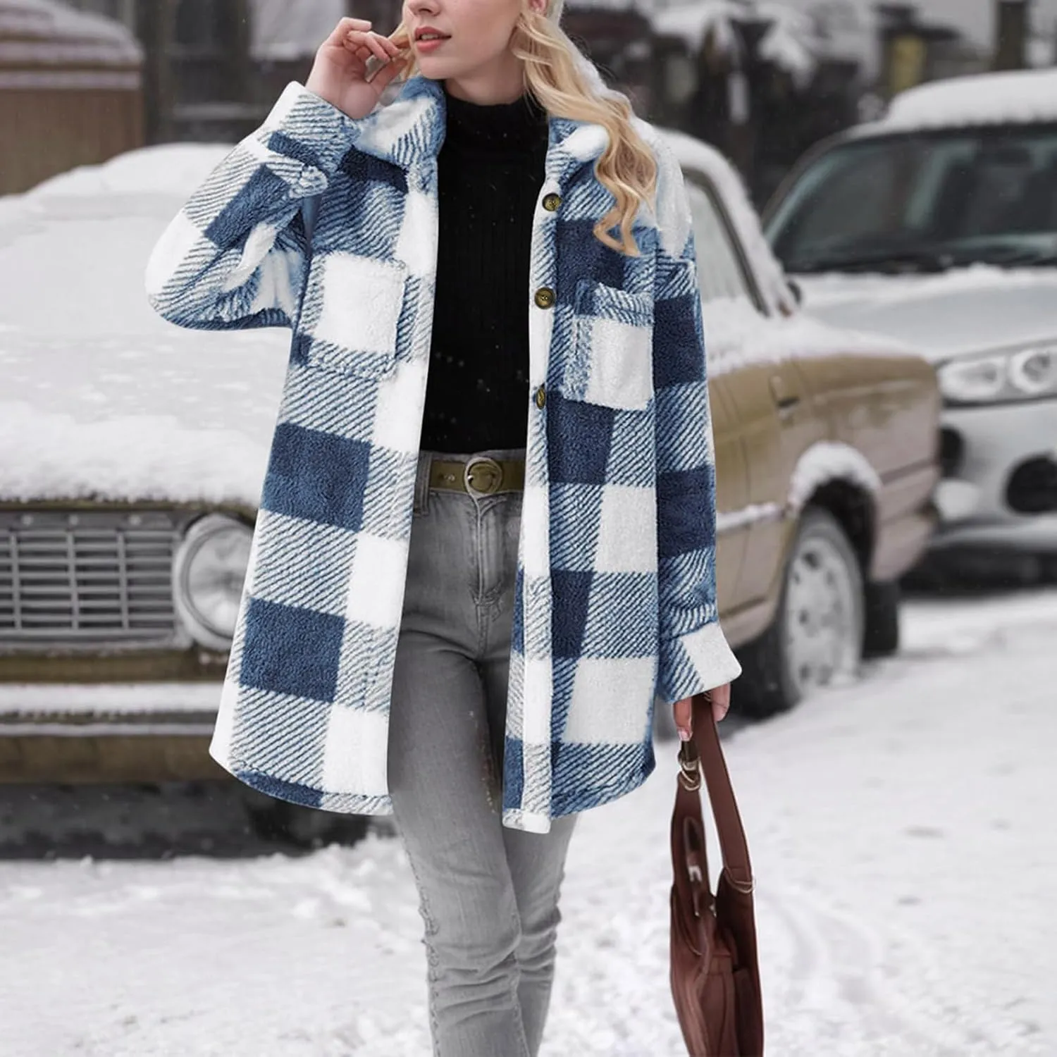 Womens Flannel Shacket Jacket Casual Sherpa Plaid Long Sleeve Shirt Trendy Oversized Coats Fall Clothes Winter Outfit